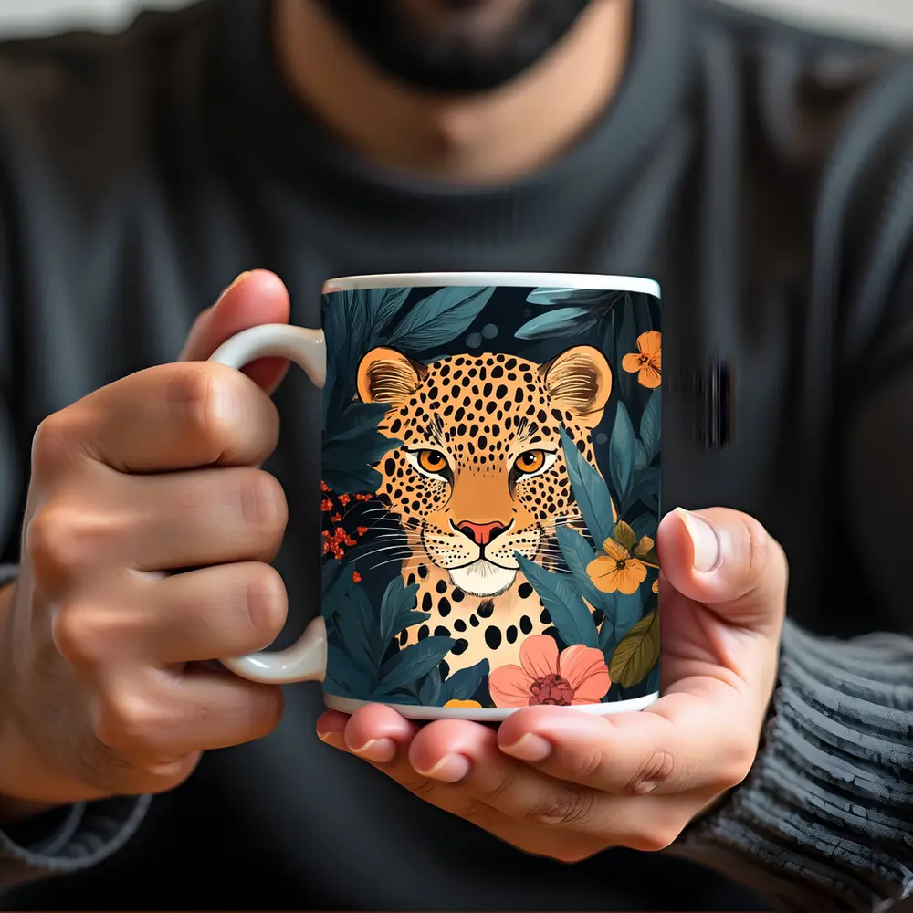 Leopard Portrait Tropical Flowers Dark Background – Mugs