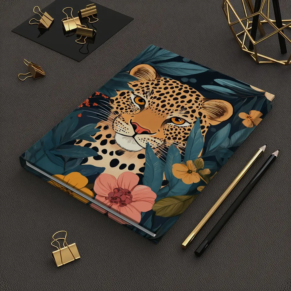 Leopard Portrait Tropical Flowers Dark Background – Notebooks