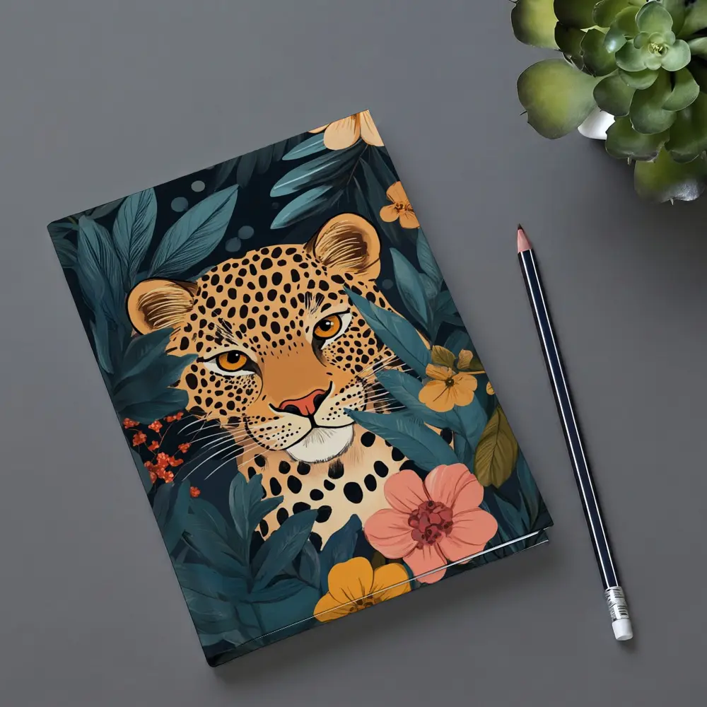 Leopard Portrait Tropical Flowers Dark Background – Notebooks