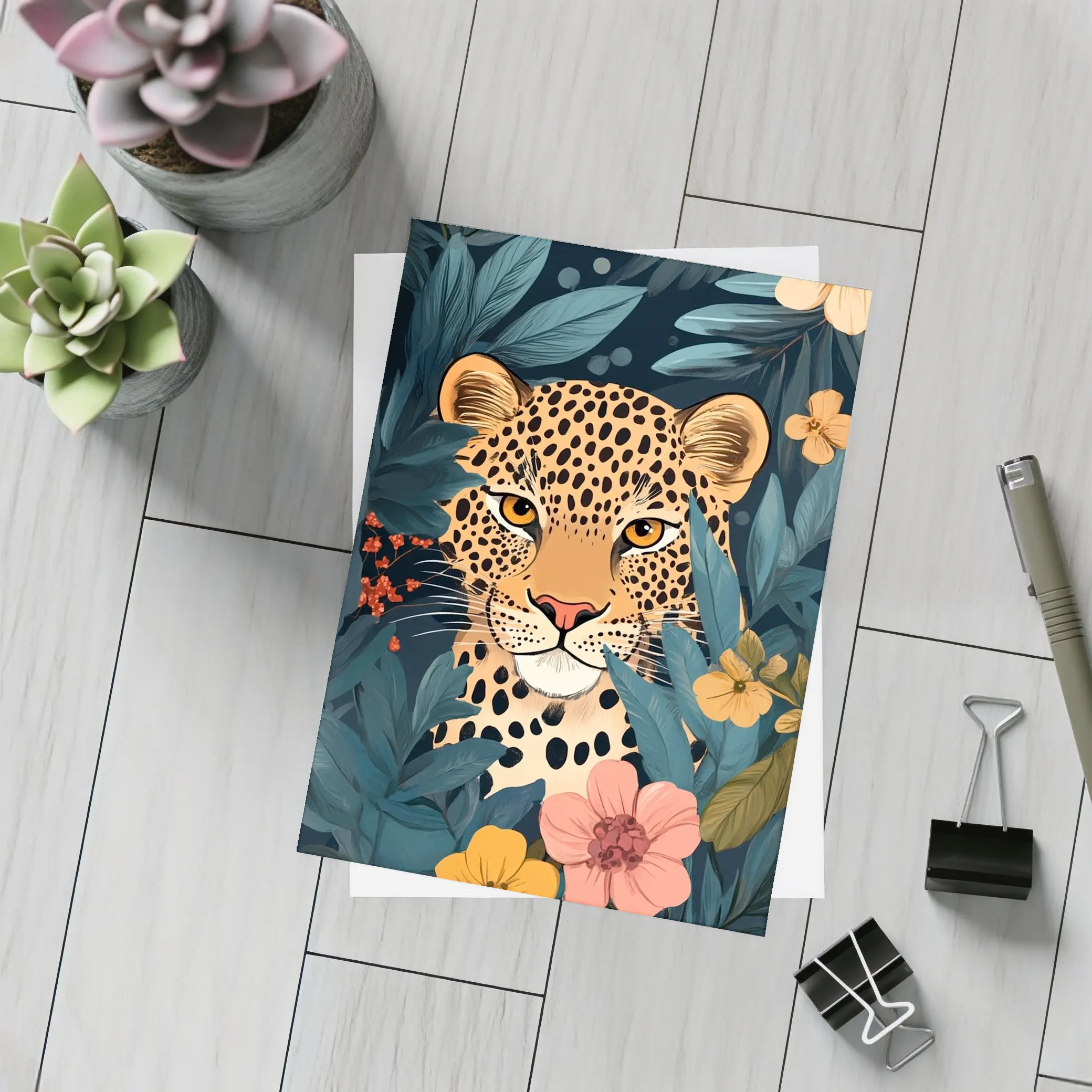 Leopard Portrait Tropical Flowers Dark Background – Postcards