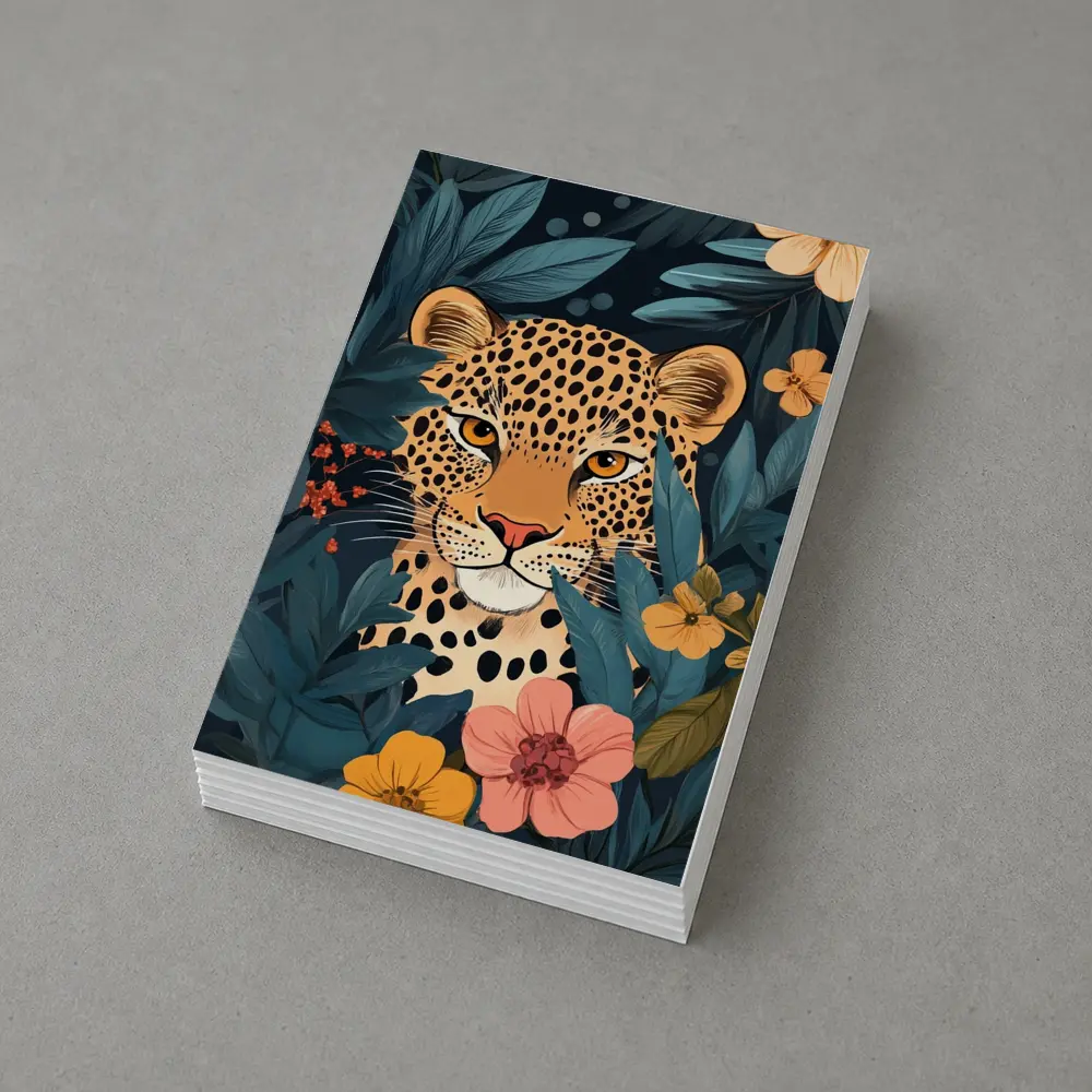 Leopard Portrait Tropical Flowers Dark Background – Postcards