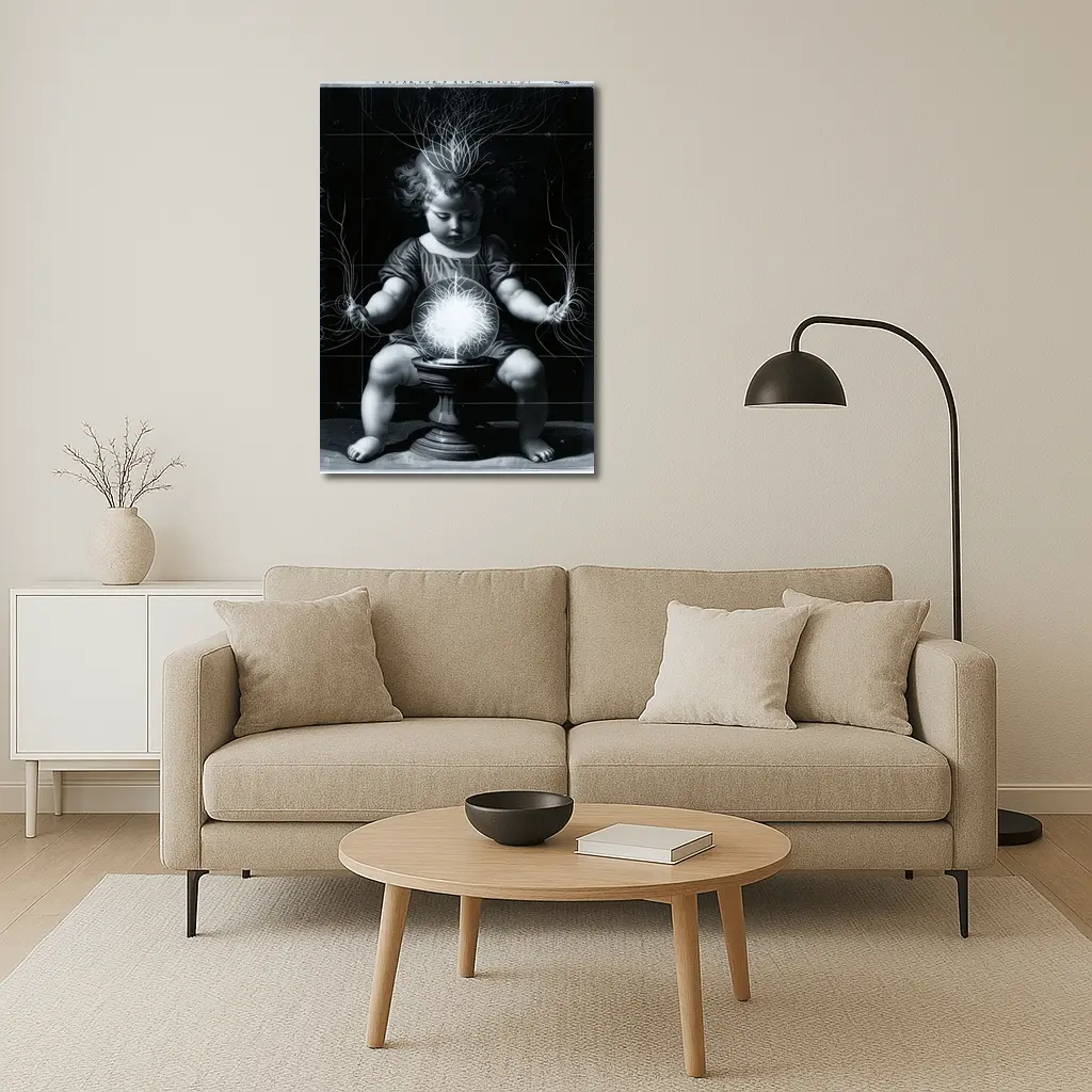 Child with Glowing Energy Ball Black Background – Wall Art