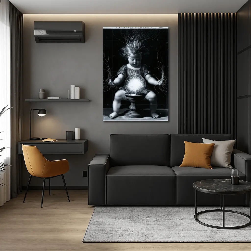 Child with Glowing Energy Ball Black Background – Wall Art