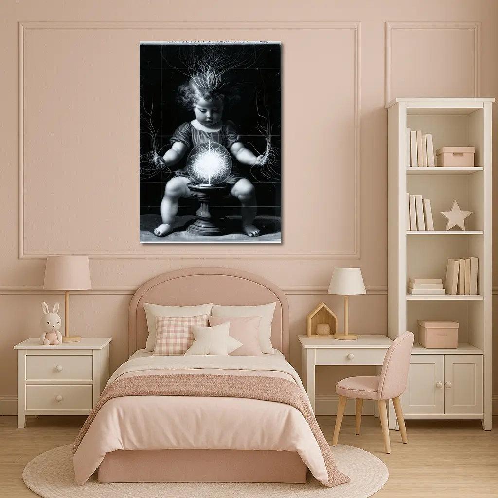 Child with Glowing Energy Ball Black Background – Wall Art