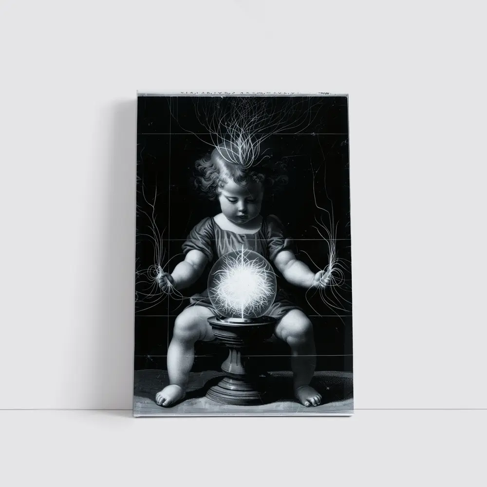 Child with Glowing Energy Ball Black Background – Wall Art