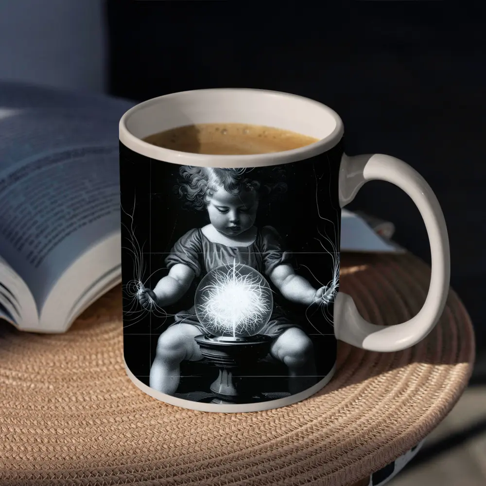 Child with Glowing Energy Ball Black Background – Mugs