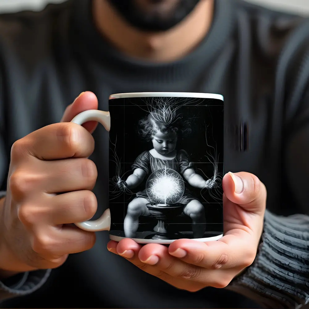 Child with Glowing Energy Ball Black Background – Mugs