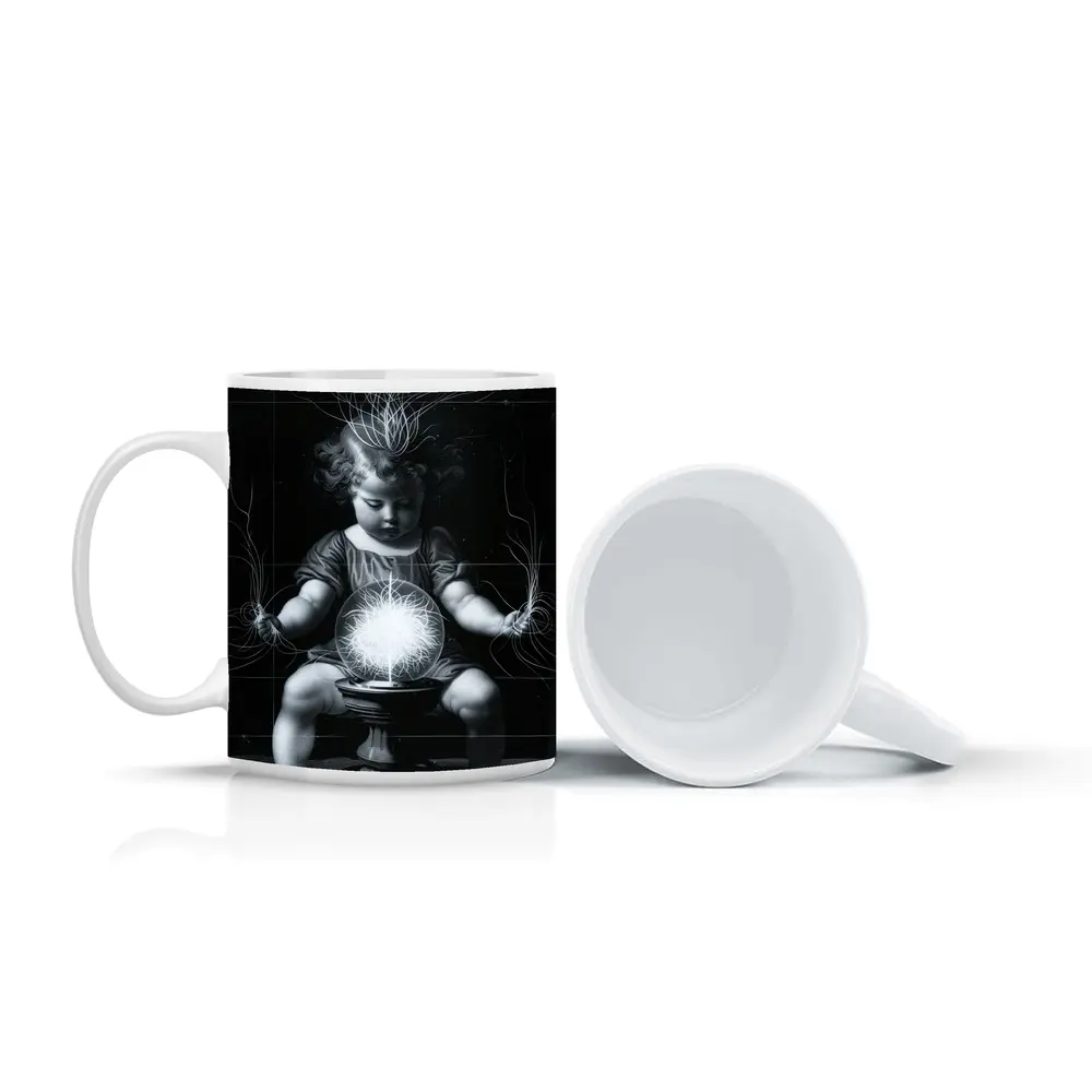 Child with Glowing Energy Ball Black Background – Mugs