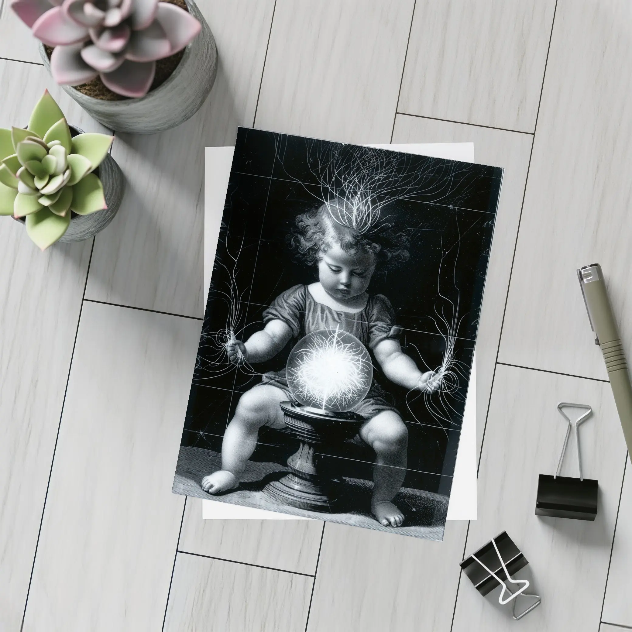 Child with Glowing Energy Ball Black Background – Postcards