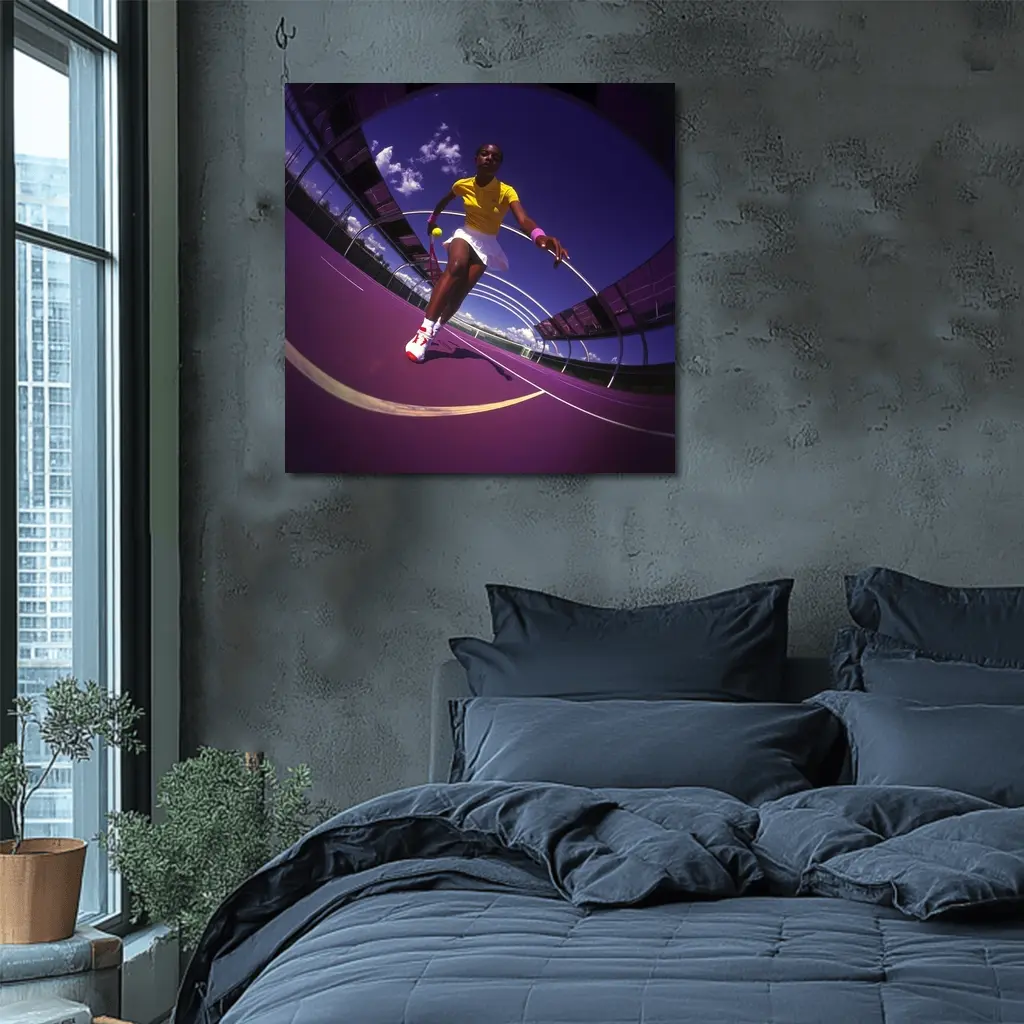 Tennis Player On Purple Court Fisheye – Wall Art