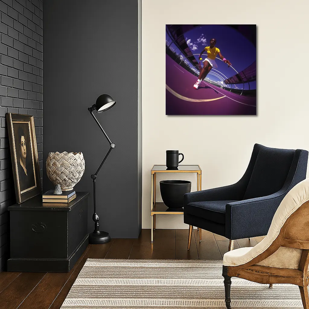 Tennis Player On Purple Court Fisheye – Wall Art
