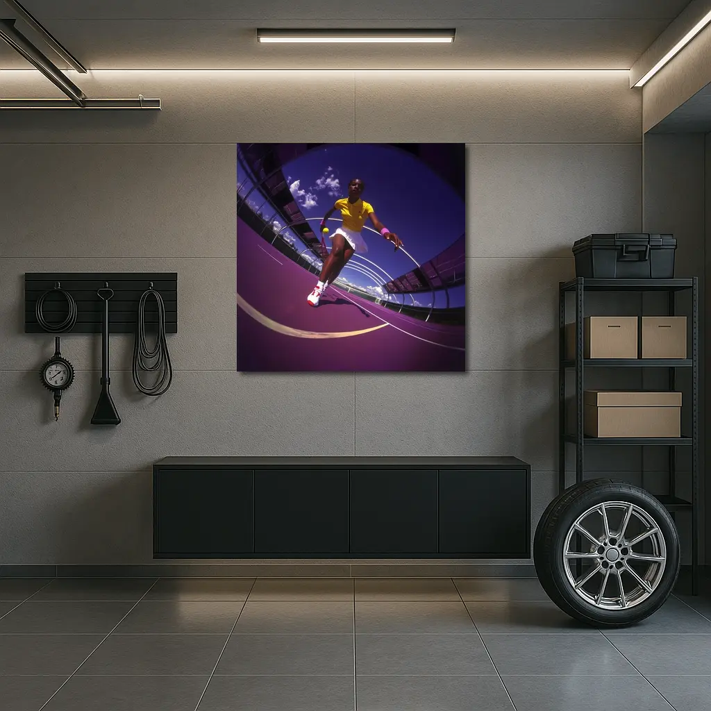 Tennis Player On Purple Court Fisheye – Wall Art