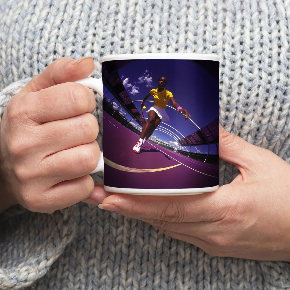 Tennis Player On Purple Court Fisheye – Mugs