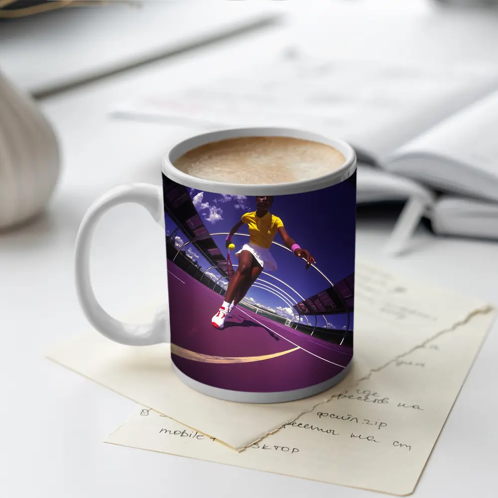 Tennis Player On Purple Court Fisheye – Mugs