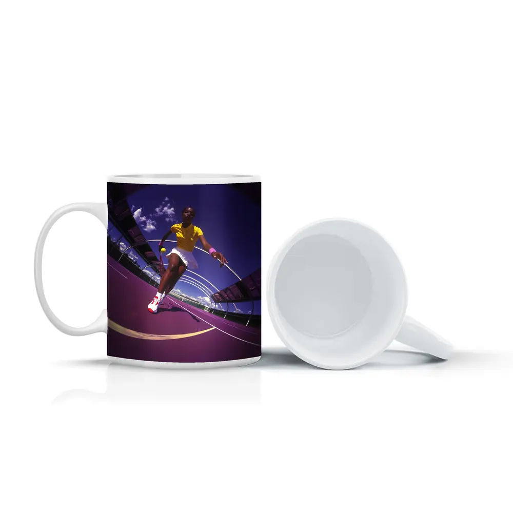 Tennis Player On Purple Court Fisheye – Mugs