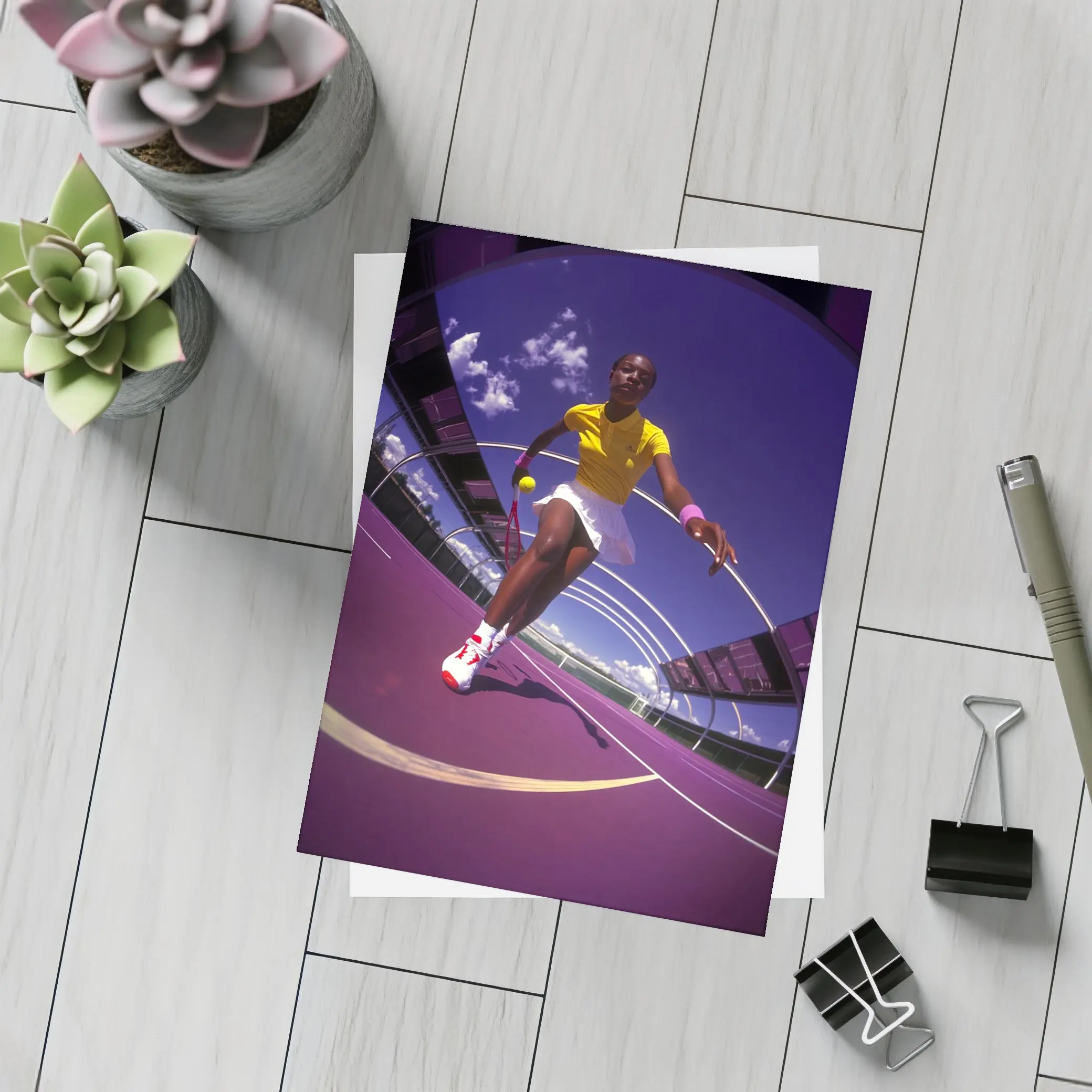 Tennis Player On Purple Court Fisheye – Postcards