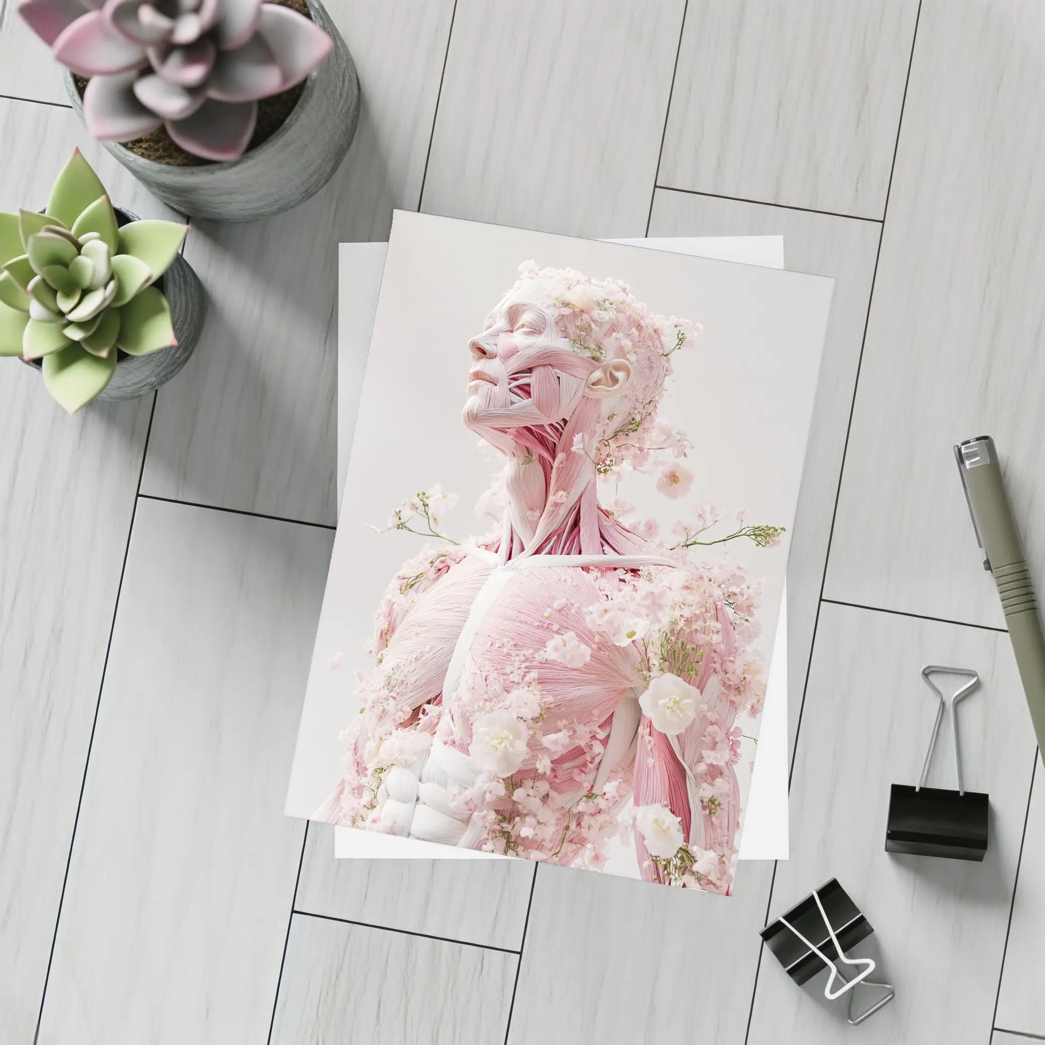 Floral Anatomy Figure Pink Flowers Surreal Art – Postcards