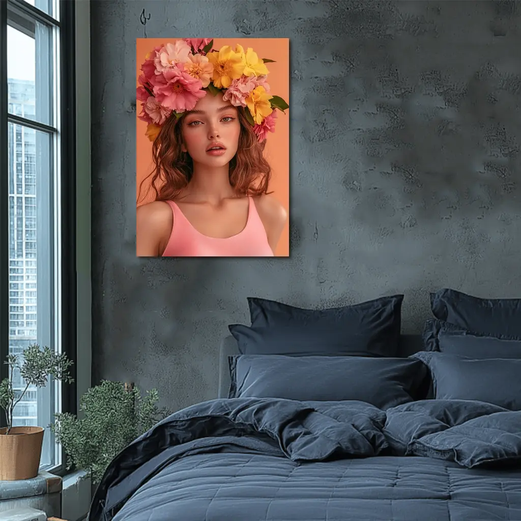 Woman Flower Crown Pink Peony Yellow Blooms – Wall Art