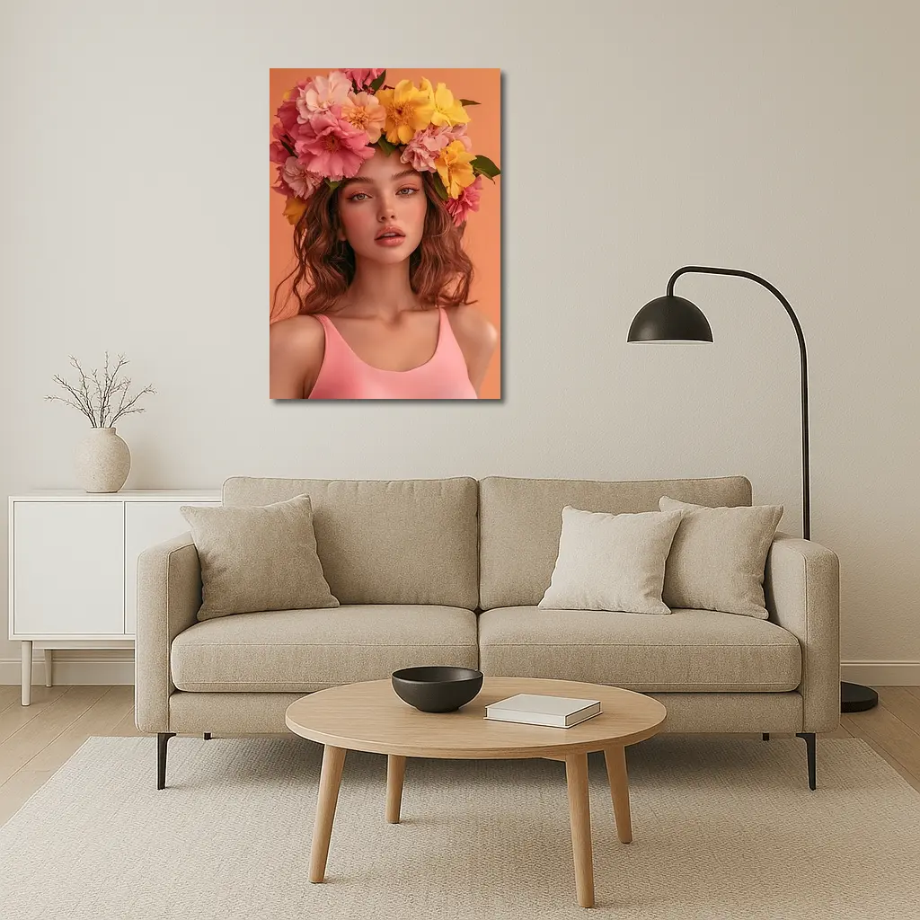 Woman Flower Crown Pink Peony Yellow Blooms – Wall Art