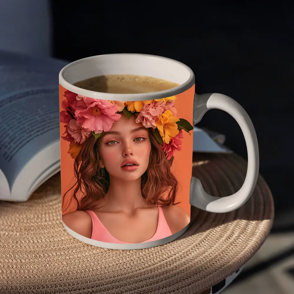 Woman Flower Crown Pink Peony Yellow Blooms – Mugs