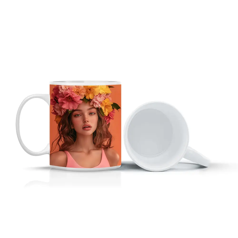 Woman Flower Crown Pink Peony Yellow Blooms – Mugs