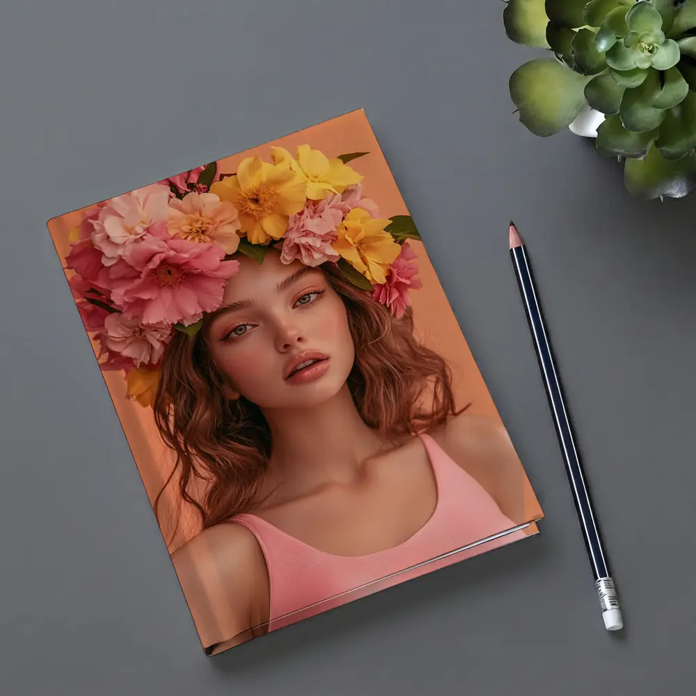 Woman Flower Crown Pink Peony Yellow Blooms – Notebooks