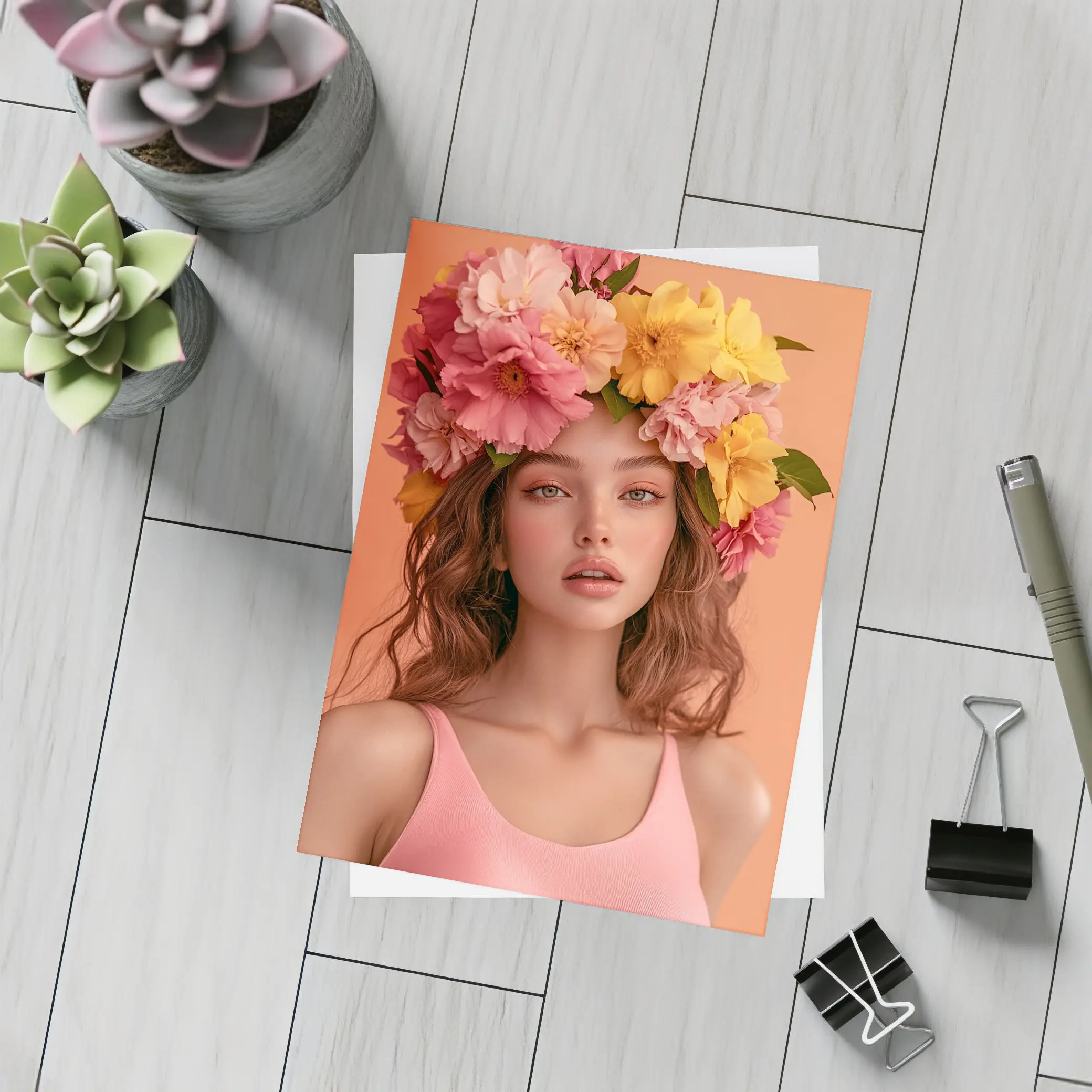 Woman Flower Crown Pink Peony Yellow Blooms – Postcards