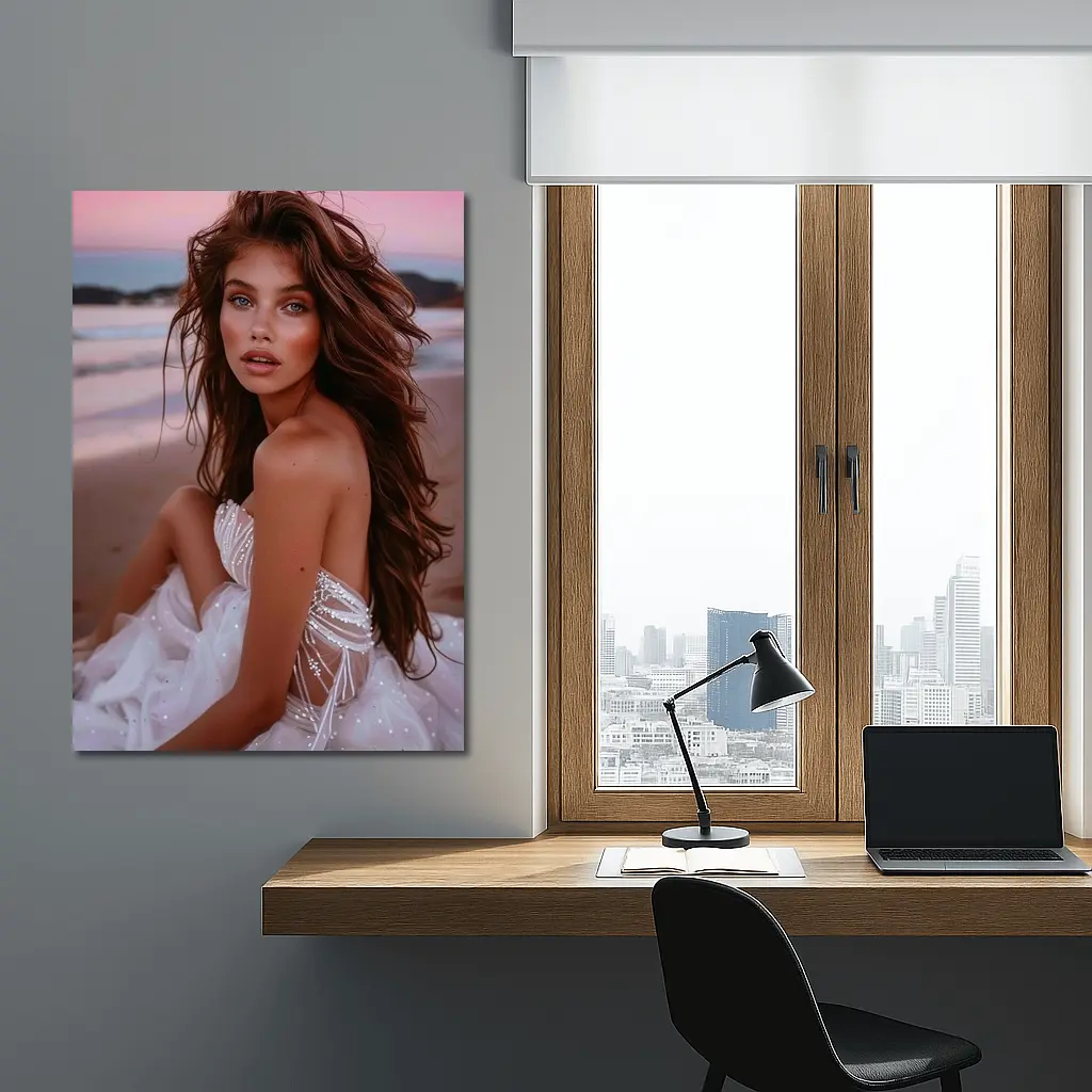 Young Woman White Dress Pink Beach Sunset – Wall Art