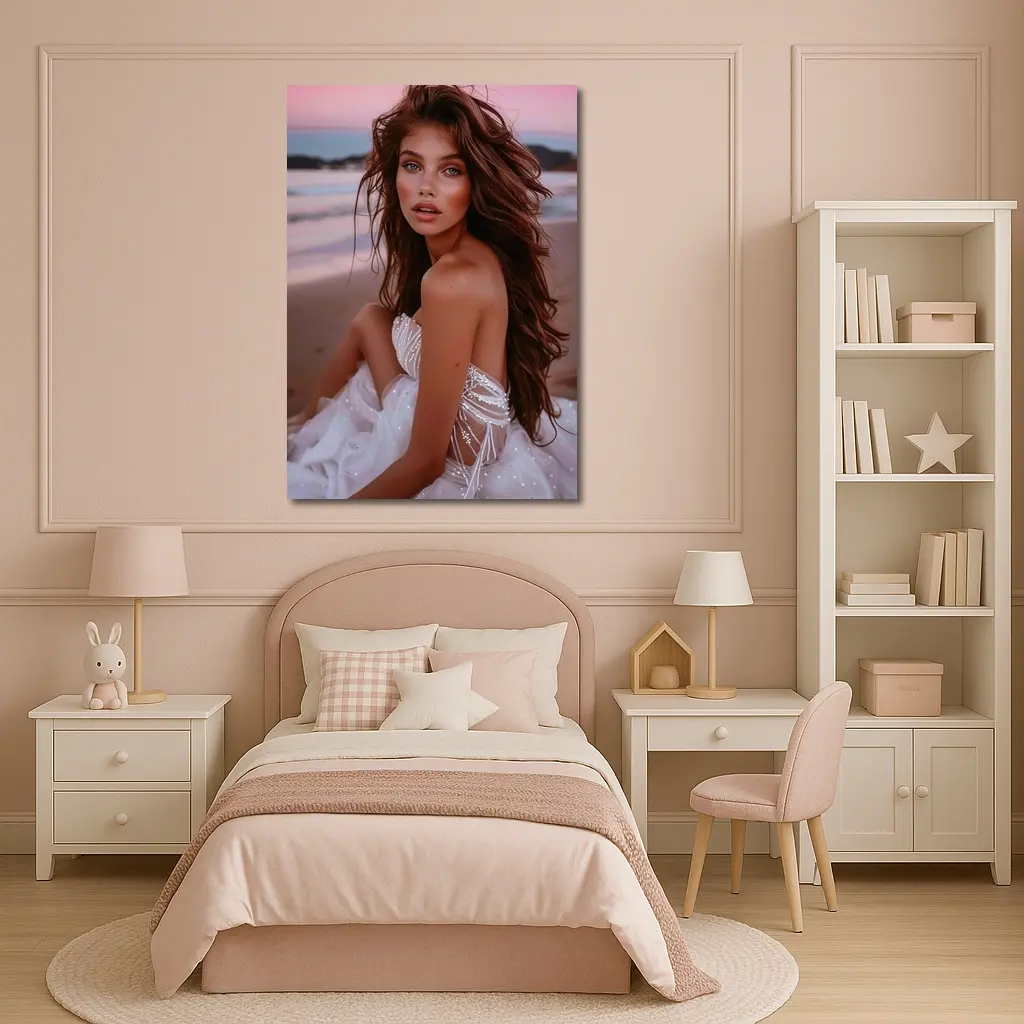 Young Woman White Dress Pink Beach Sunset – Wall Art