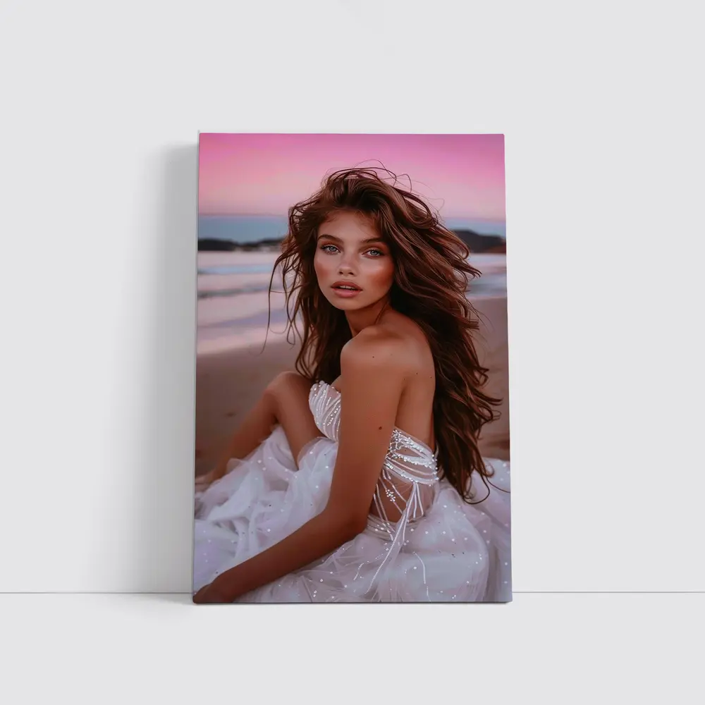 Young Woman White Dress Pink Beach Sunset – Wall Art