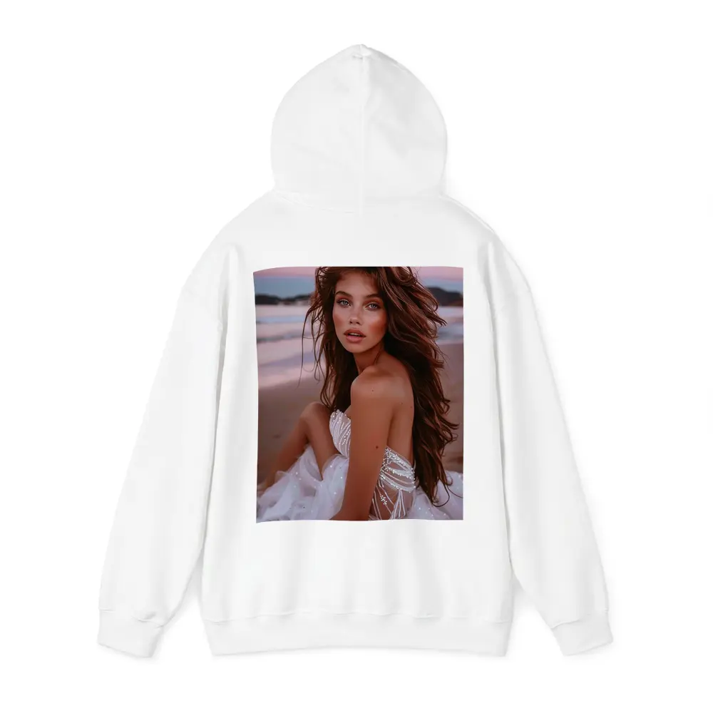 Young Woman White Dress Pink Beach Sunset – Hoodies