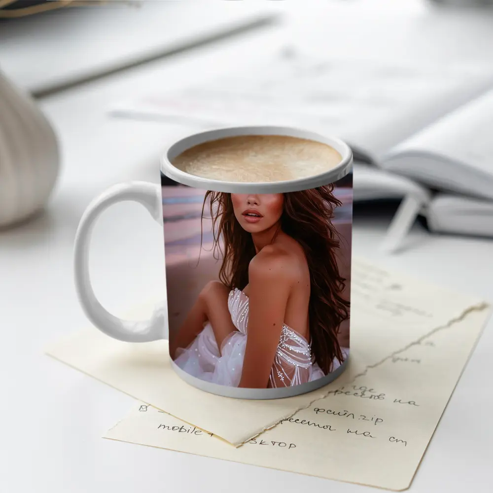Young Woman White Dress Pink Beach Sunset – Mugs