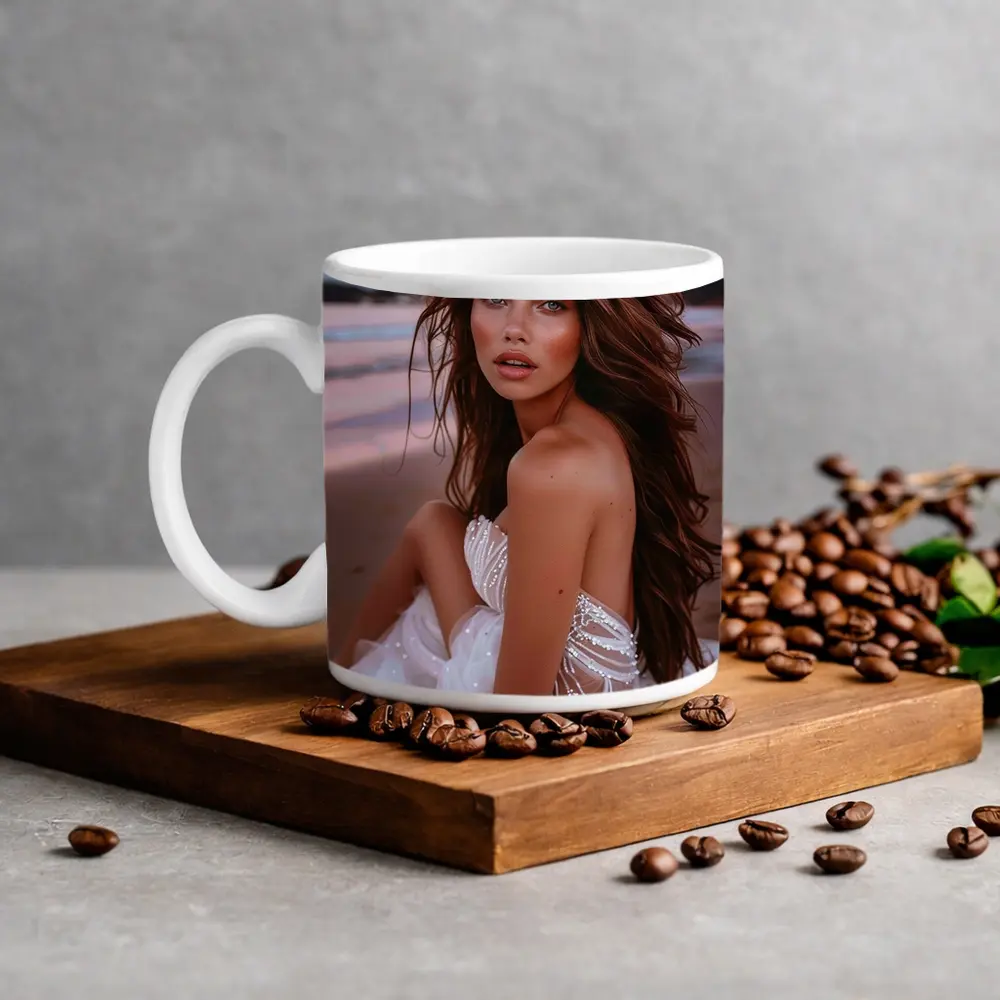 Young Woman White Dress Pink Beach Sunset – Mugs