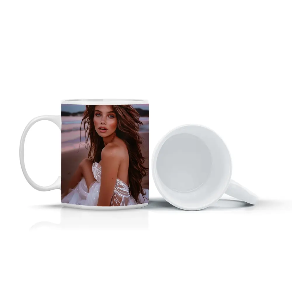 Young Woman White Dress Pink Beach Sunset – Mugs