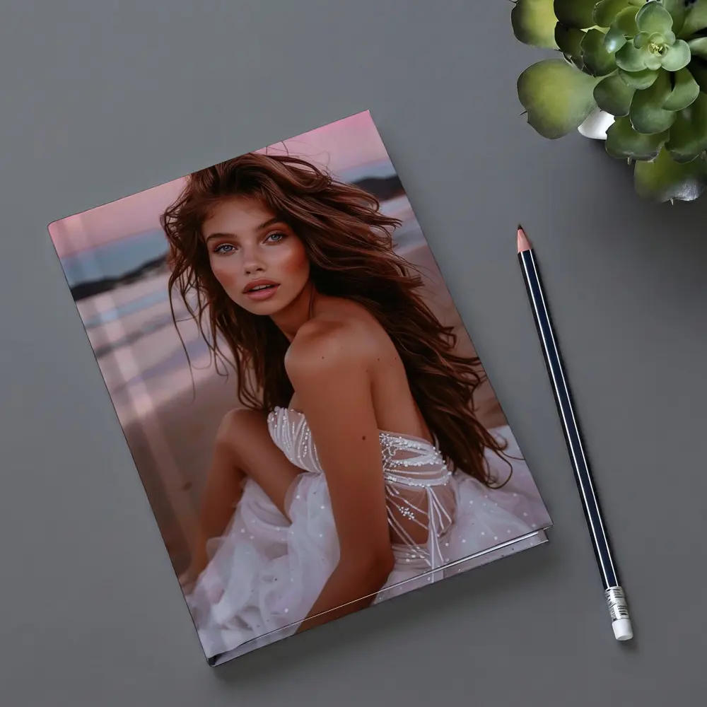 Young Woman White Dress Pink Beach Sunset – Notebooks