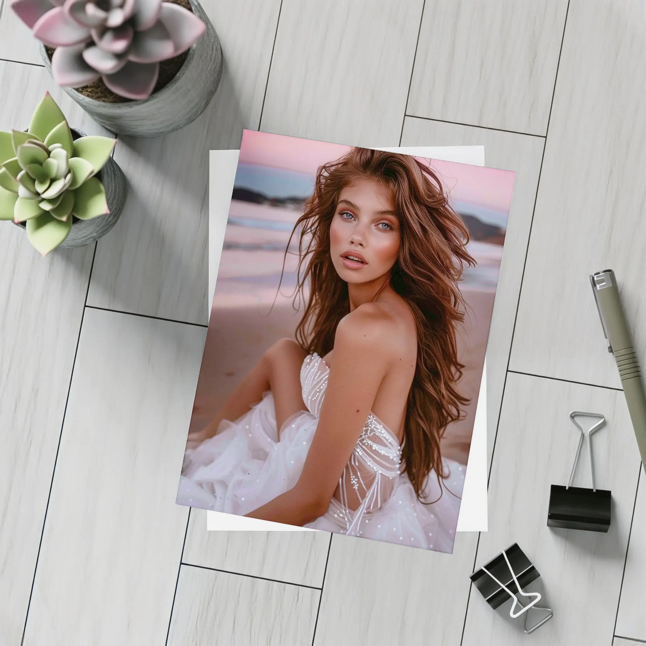 Young Woman White Dress Pink Beach Sunset – Postcards