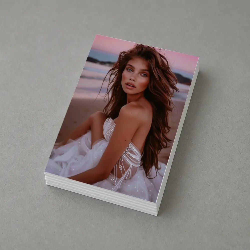 Young Woman White Dress Pink Beach Sunset – Postcards