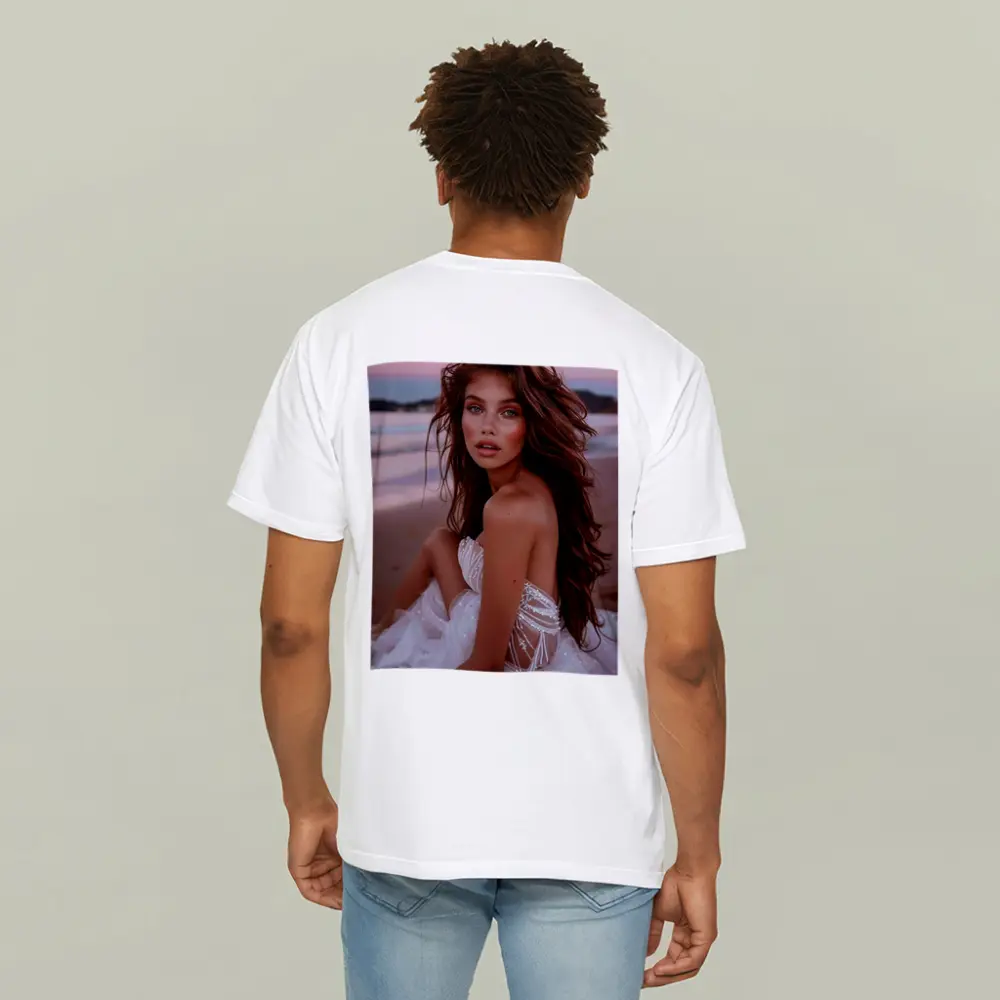 Young Woman White Dress Pink Beach Sunset – T-Shirts