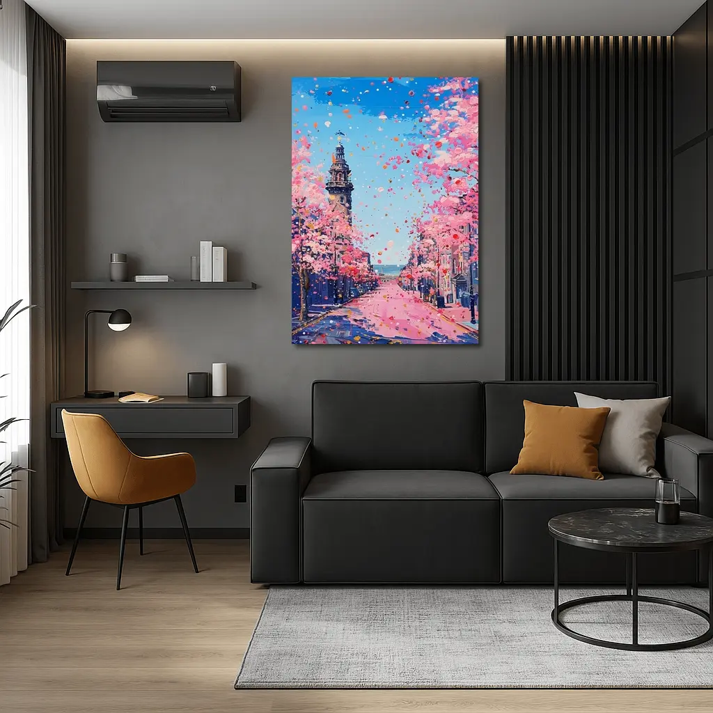 Cherry Blossom Street Scene Oil Painting – Wall Art