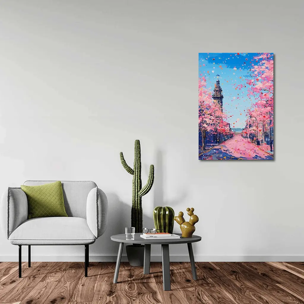 Cherry Blossom Street Scene Oil Painting – Wall Art