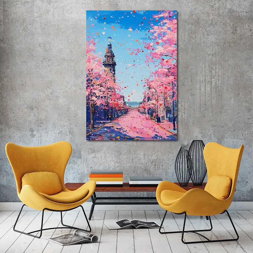 Cherry Blossom Street Scene Oil Painting – Wall Art