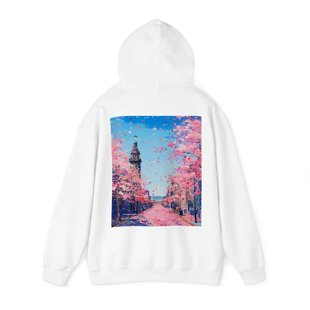 Cherry Blossom Street Scene Oil Painting – Hoodies