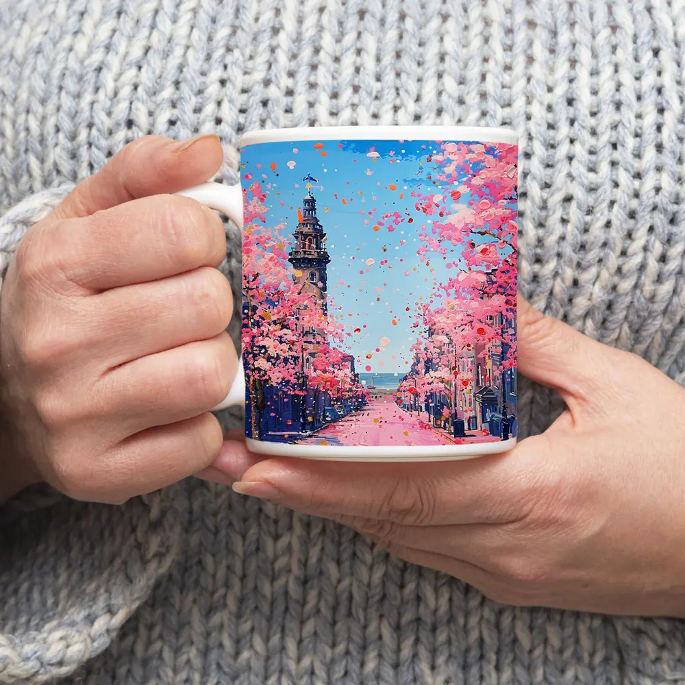Cherry Blossom Street Scene Oil Painting – Mugs