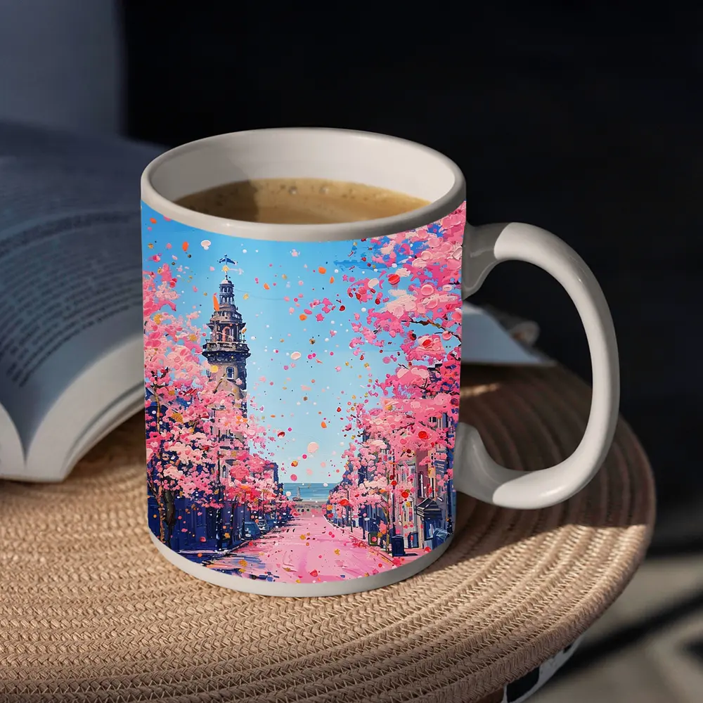 Cherry Blossom Street Scene Oil Painting – Mugs