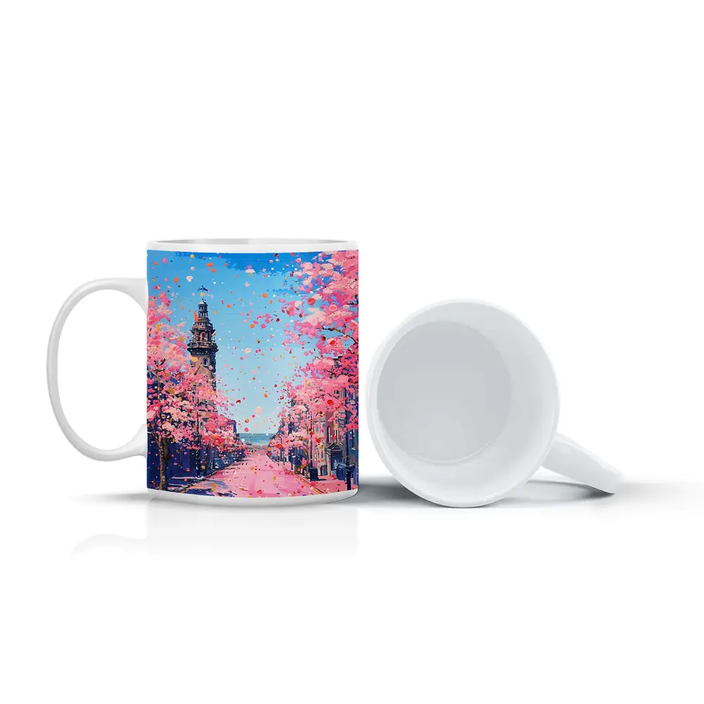 Cherry Blossom Street Scene Oil Painting – Mugs