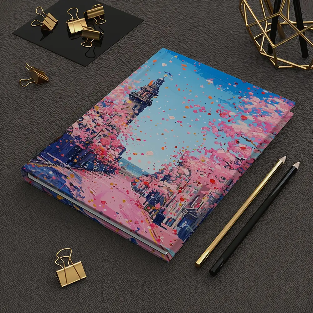 Cherry Blossom Street Scene Oil Painting – Notebooks