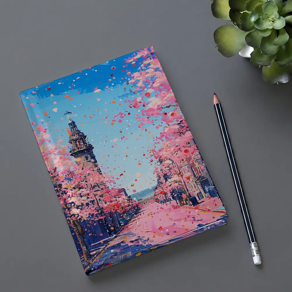 Cherry Blossom Street Scene Oil Painting – Notebooks