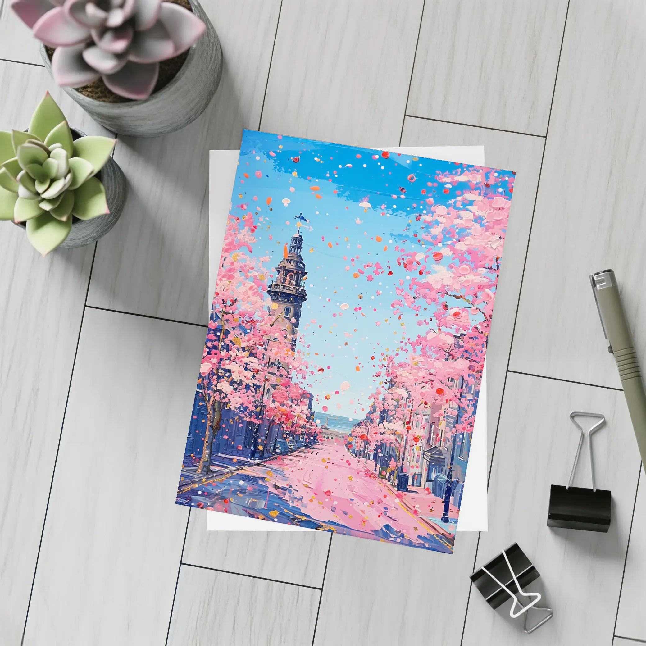 Cherry Blossom Street Scene Oil Painting – Postcards