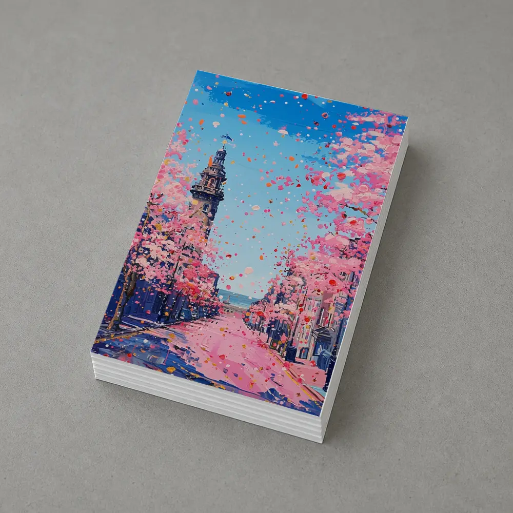 Cherry Blossom Street Scene Oil Painting – Postcards