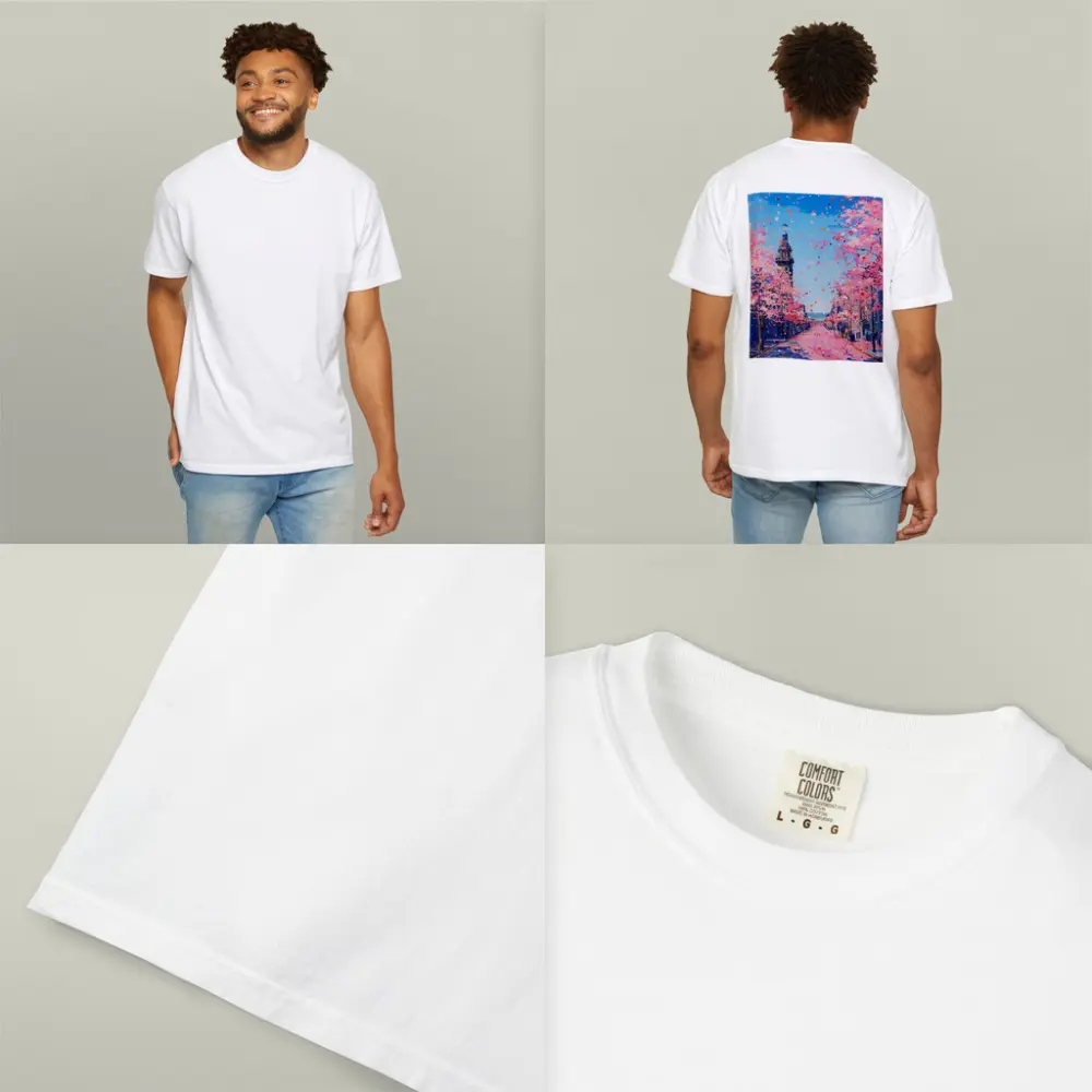 Cherry Blossom Street Scene Oil Painting – T-Shirts